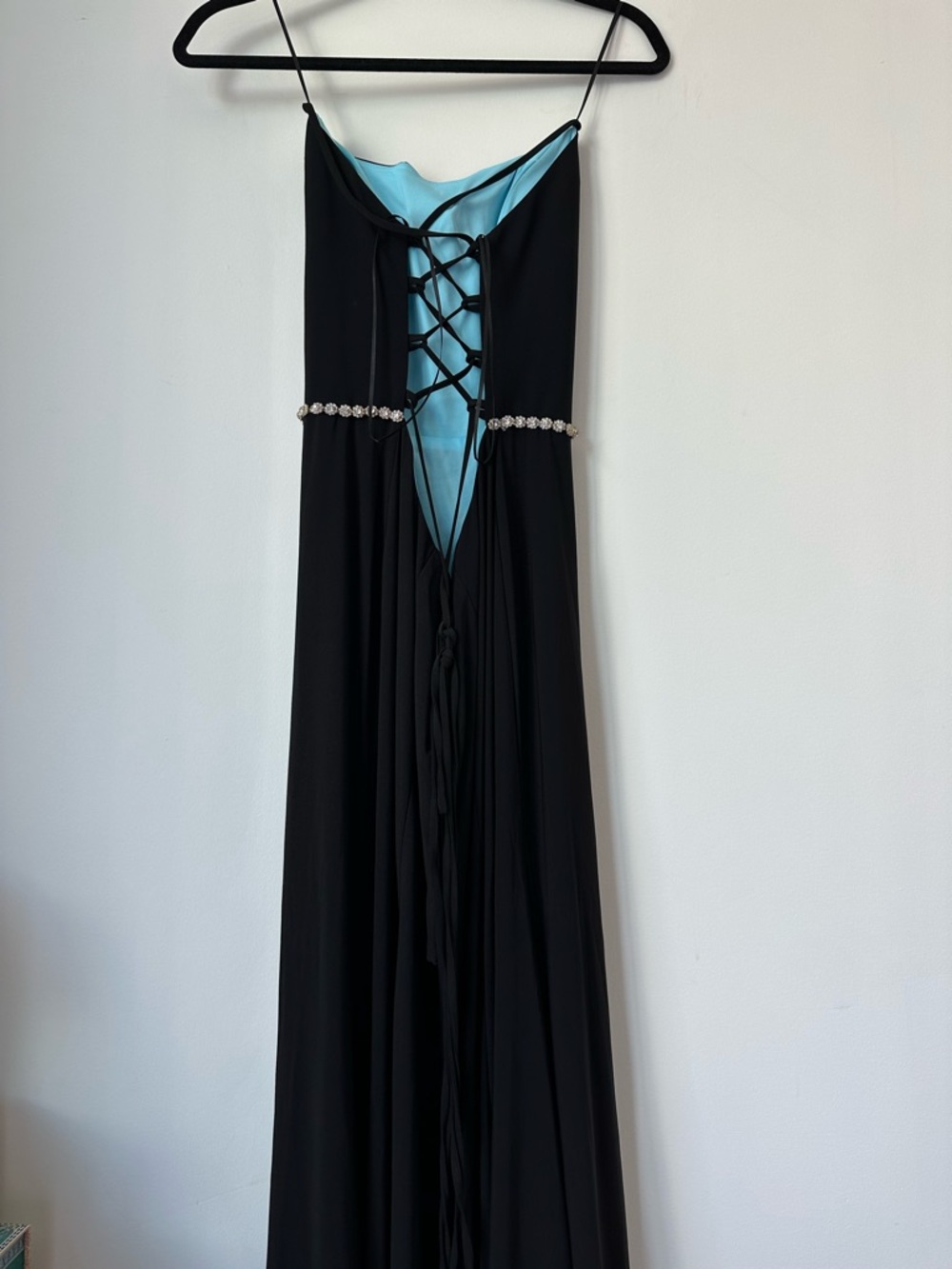 Cachet Black Evening Rhinestone Waist Gown Lace Up Open Back Front Side Slit